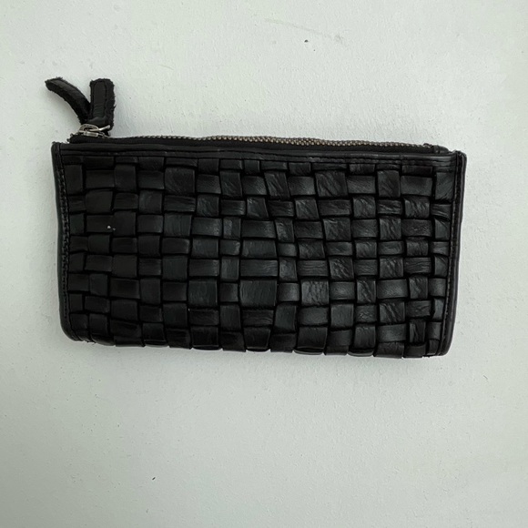 Vintage Black Woven Basket Weave Leather Snap Zipper Minimalist Classic Wallet - Picture 1 of 9